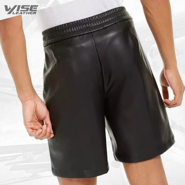 Men Casual Look Real Sheepskin Black Leather Shorts