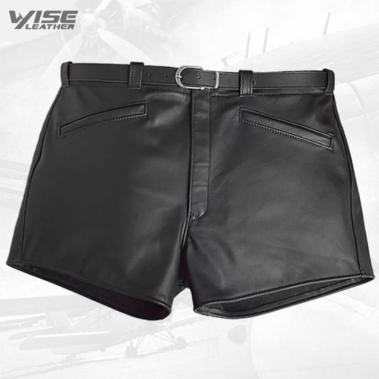 Men Cool Fashion Real Sheepskin Black Leather Shorts