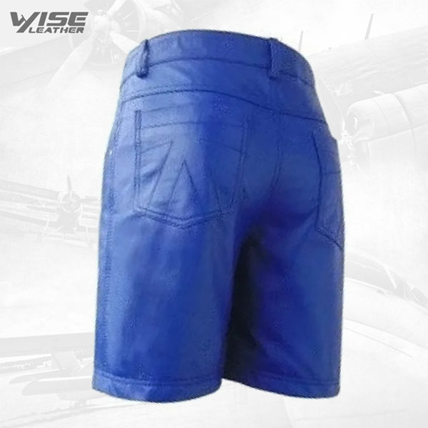 Men Cool Fashion Real Sheepskin Blue Leather Shorts