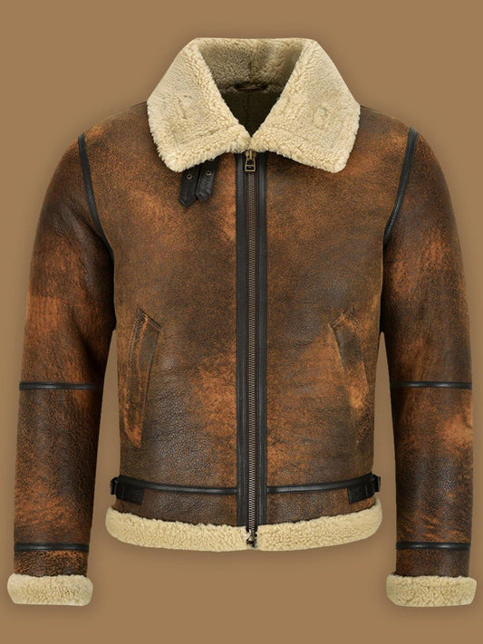 Distressed Brown Shearling Jacket for Men