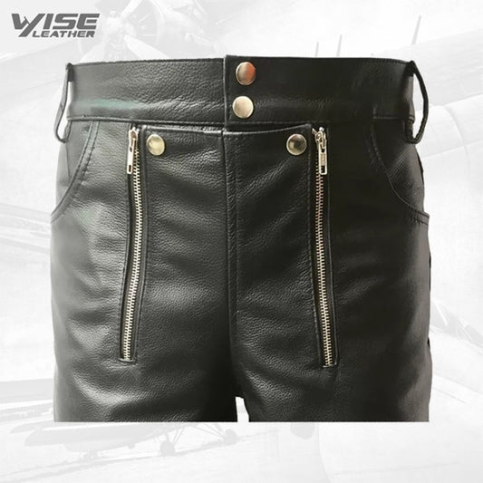 Men Double Zipper Snap Button Front Real Sheepskin Black Leather Shorts