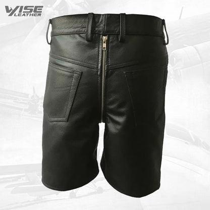 Men Double Zipper Snap Button Front Real Sheepskin Black Leather Shorts