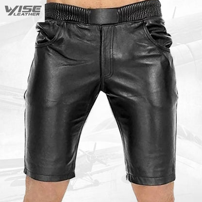 Men Elastic Waist Joggers Real Sheepskin Black Leather Shorts