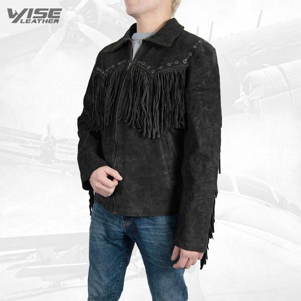 Men Exclusive Fringes Jacket Black Bird Real Leather Suede Western Style - Wiseleather