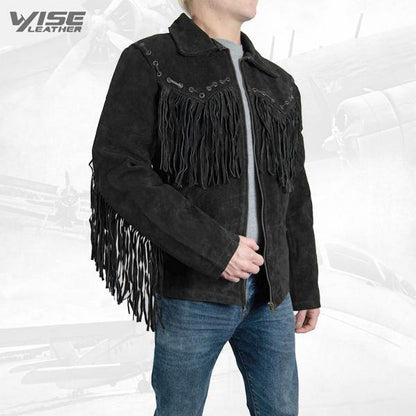 Men Exclusive Fringes Jacket Black Bird Real Leather Suede Western Style - Wiseleather