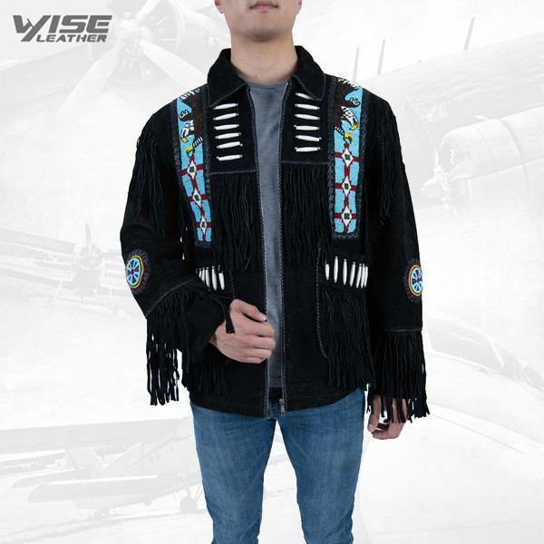 Men Exclusive Fringes Jacket Crow Real Leather Suede Western Style - Wiseleather