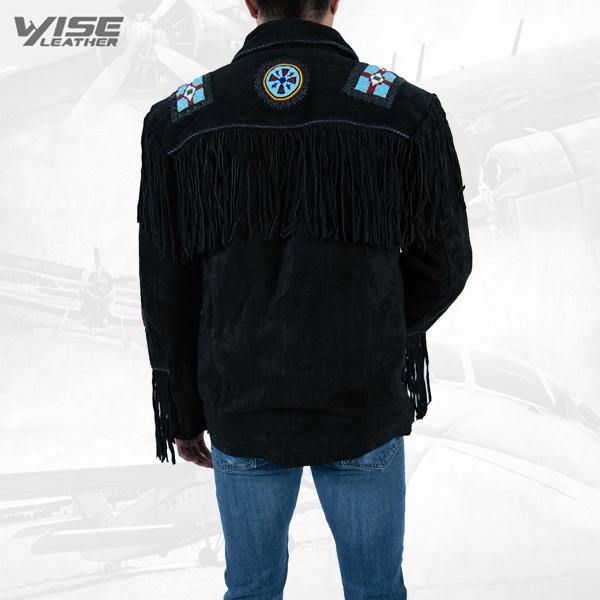 Men Exclusive Fringes Jacket Crow Real Leather Suede Western Style - Wiseleather