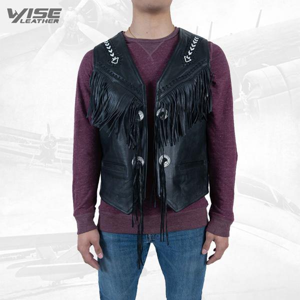 Men Exclusive Fringes Leather Vest Western Style Pure Sheep Nappa Leather - Wiseleather