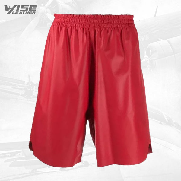 Men Knee Length Elastic Waist Real Sheepskin Red Leather Shorts