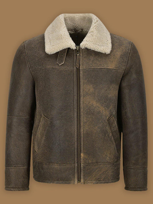 Classic Retro Brown Shearling Leather Jacket for Men