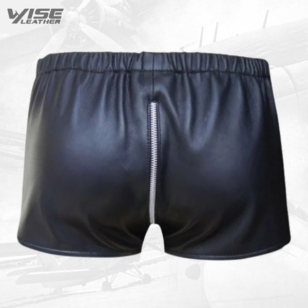 Men One Way Front To Back Zip Closure Real Sheepskin Black Leather Shorts