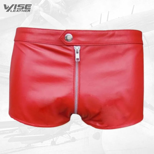 Men One Way Front To Back Zip Closure Real Sheepskin Red Leather Shorts