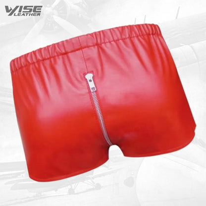 Men One Way Front To Back Zip Closure Real Sheepskin Red Leather Shorts