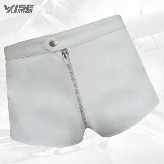 Men One Way Front To Back Zip Closure Real Sheepskin White Leather Shorts