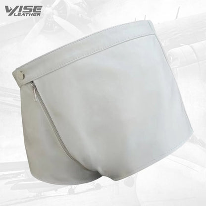 Men One Way Front To Back Zip Closure Real Sheepskin White Leather Shorts