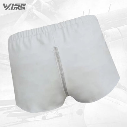 Men One Way Front To Back Zip Closure Real Sheepskin White Leather Shorts