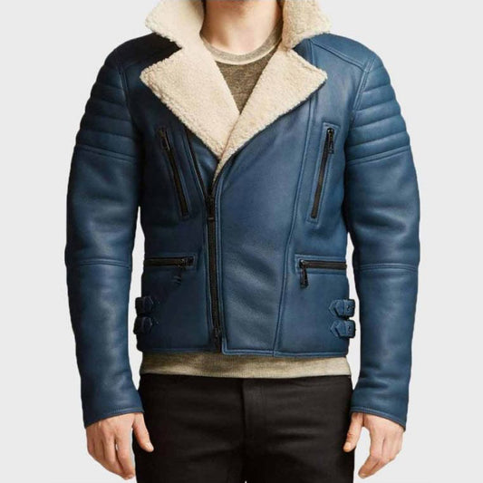 Mens Asymmetrical Shearling Leather Jacket