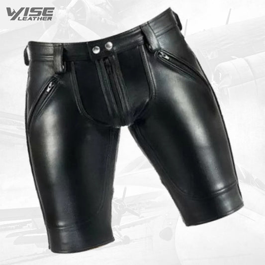 Men Saddle Seat Real Sheepskin Black Leather Shorts