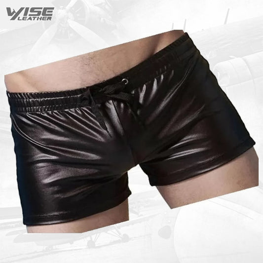 Men Sexy Hot Real Sheepskin Black Leather Shorts