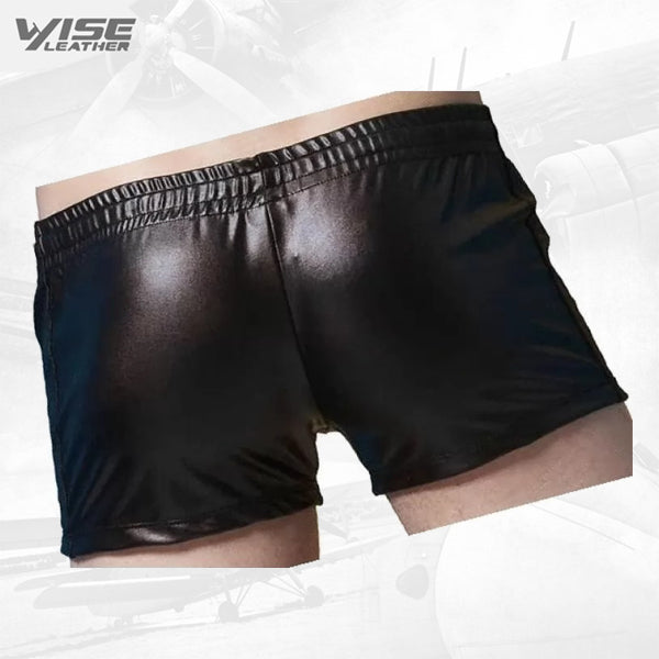 Men Sexy Hot Real Sheepskin Black Leather Shorts