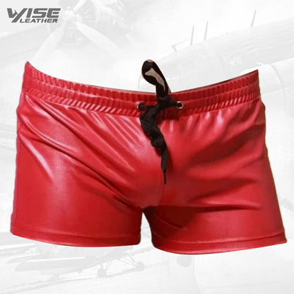 Men Sexy Hot Real Sheepskin Red Leather Shorts