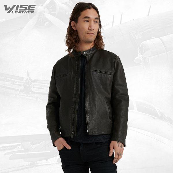 Men Short Black Leather Jacket - Wiseleather