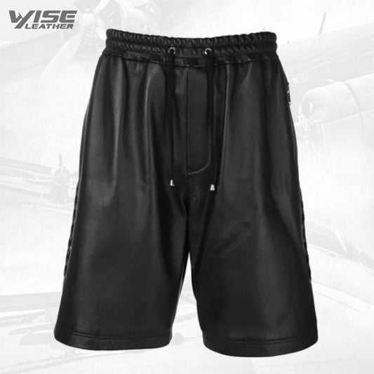 Men Side Lace-Up Basketball Real Sheepskin Black Leather Shorts