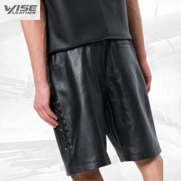 Men Side Lace-Up Basketball Real Sheepskin Black Leather Shorts