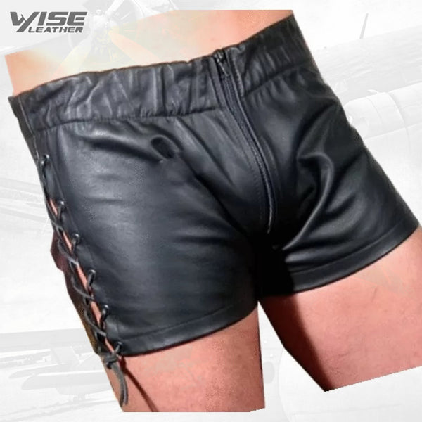 Men Side Lace Up Sexy Real Sheepskin Black Leather Shorts