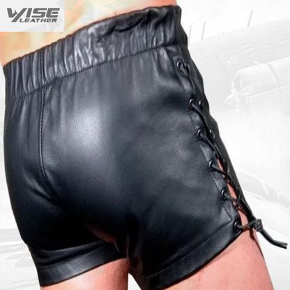 Men Side Lace Up Sexy Real Sheepskin Black Leather Shorts