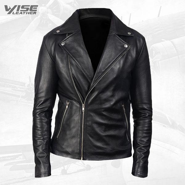 Men Simple Black Leather Jacket - Wiseleather