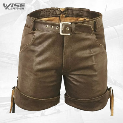 Men Smart Wear Real Sheepskin Brown Leather Shorts