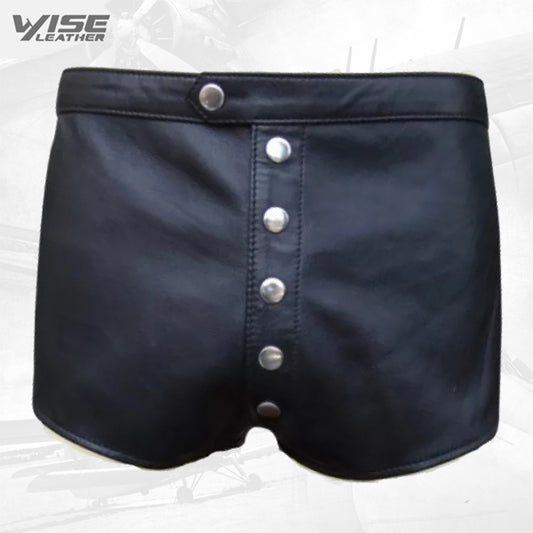 Men Snap Button Fly Real Sheepskin Black Leather Shorts