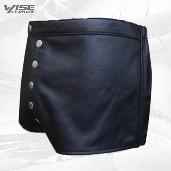 Men Snap Button Fly Real Sheepskin Black Leather Shorts