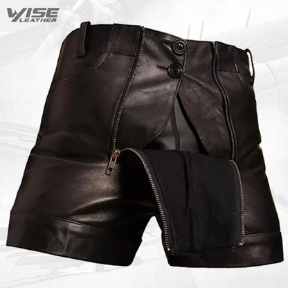 Men Unique Fashion Real Sheepskin Black Leather Shorts