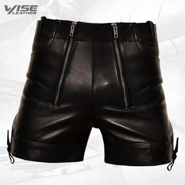 Men Unique Fashion Real Sheepskin Black Leather Shorts