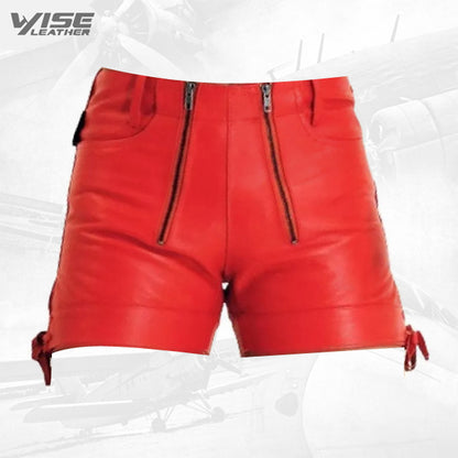 Men Unique Fashion Real Sheepskin Red Leather Shorts