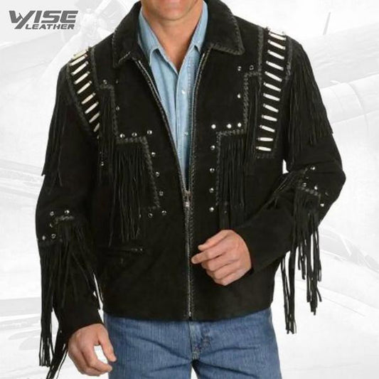 Men Western Black Suede Leather Jacket Fringe Beads And Cowboy jacket - Wiseleather