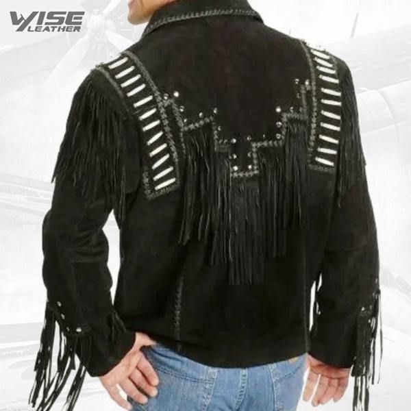 Men Western Black Suede Leather Jacket Fringe Beads And Cowboy jacket - Wiseleather