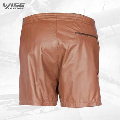 Men Zipper Pockets Real Sheepskin Brown Leather Shorts