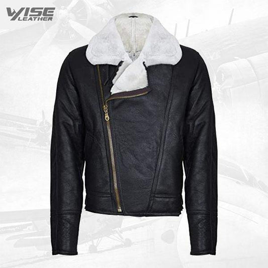 Men’s Aviator Cross Zip B3 Cream Shearling Sheepskin Brown Leather Pilot Jacket - Wiseleather