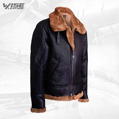 Men's Aviator Ginger Brown B3 Real Shearling Sheepskin Leather Bomber Flying Jacket