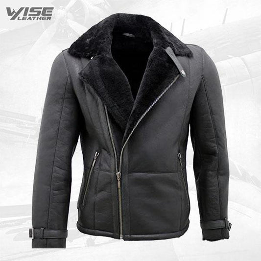 Men's Black Double Breasted Real Sheepskin Biker Jacket - Wiseleather