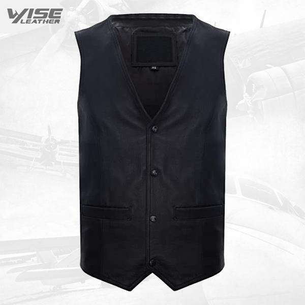 Men's Black Hide Leather Waistcoat Casual Classic Formal Traditional Gilet Vest - Wiseleather