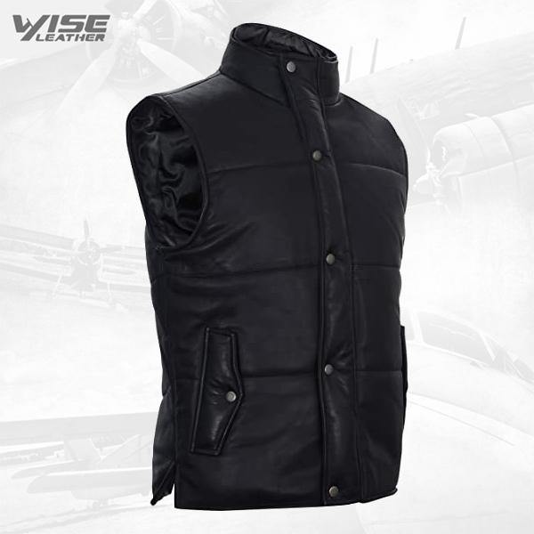 Men's Black Leather Puffer Padded Vest Waistcoat - Wiseleather