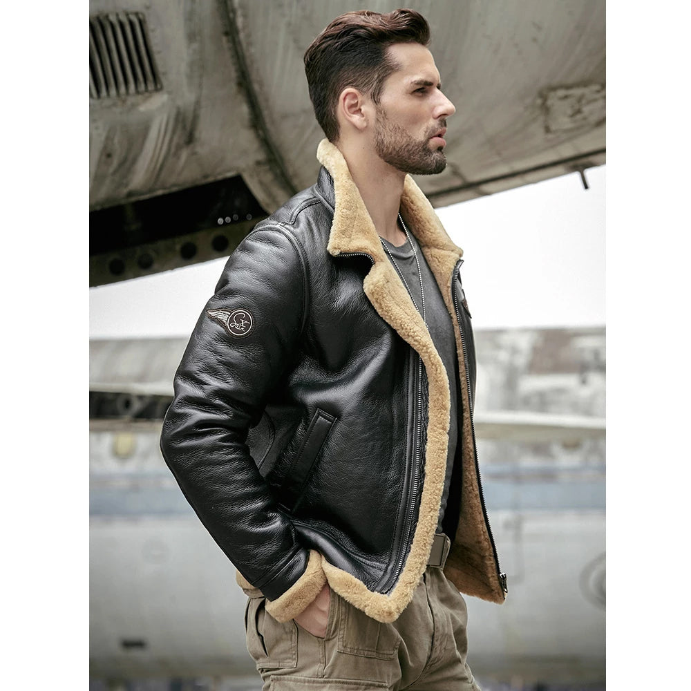 Men's Black RAF Aviator Airforce Sheepskin Shearling Leather Jacket for sale