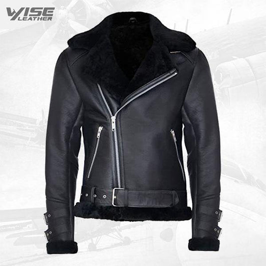 Men's Retro RAF B3 Pilot Real Sheepskin Shearling Biker Leather Jacket - Wiseleather