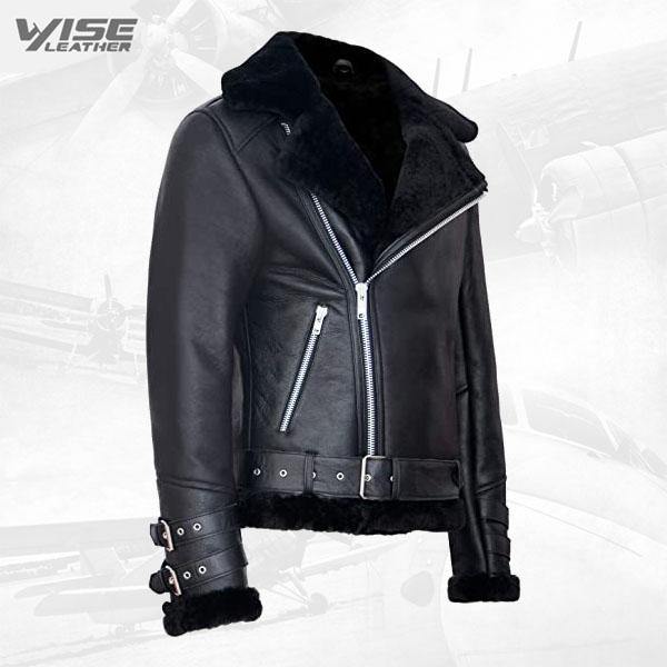 Men's Retro RAF B3 Pilot Real Sheepskin Shearling Biker Leather Jacket - Wiseleather