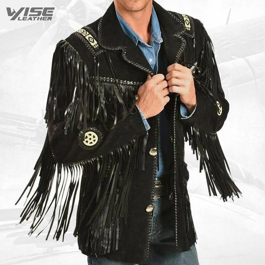 Men’s Black Suede Leather Fringed Cowboy Style Western Jacket & Coat
