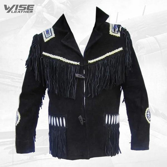 Men’s Black Western Jacket Cowboy Suede Leather Jacket with Fringes Jacket - Wiseleather